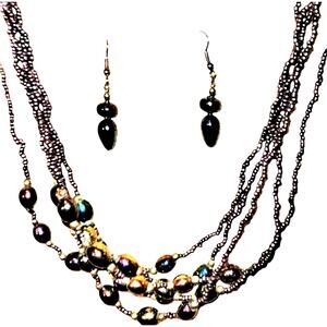 Striking Vintage Iridescent Black Beaded Necklace & Earrings